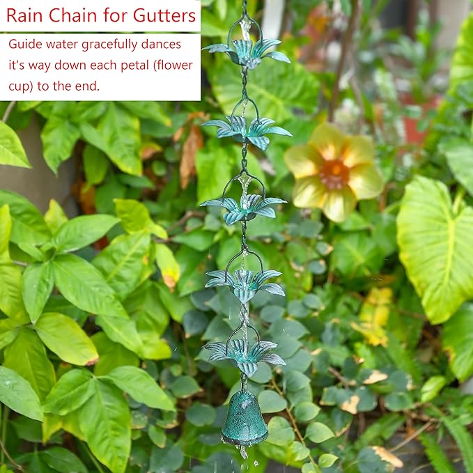 Metal Lily Flower Rain Chain for Outside, Functional and Decorative Replacement Gutter Chain Downspout for Heavy Rain, Rain Catcher Chain for Gutters, 8.5FT (27 Lily Flower Cup)