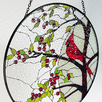 Stained Glass Window Hanging Sun Catcher 11.8”- Cardinal in Full Moon Stained Glass Suncatcher, Red Berry Tree, Nature, Indoor Decor, Wall Art, Gifts for Women