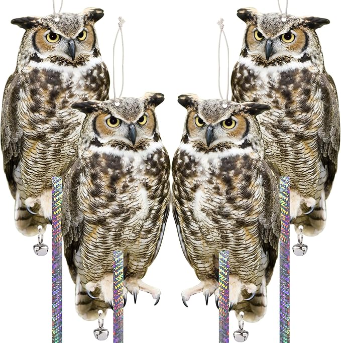 4PCS Fake Owl Plastic Owl to Scare Pigeon for Balcony Hanging Flat Garden Owls with Reflective Tape to Keep Squirrel Woodpecker Away from Outdoor House Window Patio Yard Backyard Front Porch Decor