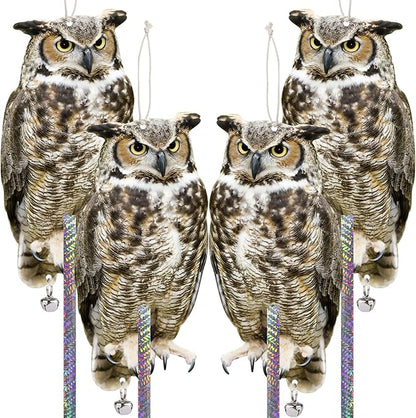 4PCS Fake Owl Plastic Owl to Scare Pigeon for Balcony Hanging Flat Garden Owls with Reflective Tape to Keep Squirrel Woodpecker Away from Outdoor House Window Patio Yard Backyard Front Porch Decor