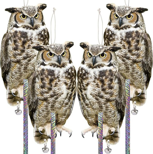 4PCS Fake Owl Plastic Owl to Scare Pigeon for Balcony Hanging Flat Garden Owls with Reflective Tape to Keep Squirrel Woodpecker Away from Outdoor House Window Patio Yard Backyard Front Porch Decor