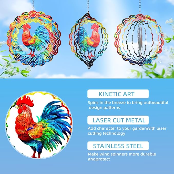 Chicken Wind Spinners Outdoor,12 inch 3D Hanging Wind Spinner Spring Garden Decor Rooster Gifts for Women Men,Metal Wind Catchers Kinetic Sculpture for Silhouette,Yard Art,Porch,Patio Decoration
