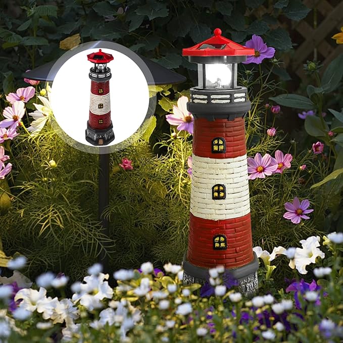 Solar Rotating Lighthouse Outdoor Lantern Garden Decor Resin Street Light - Red
