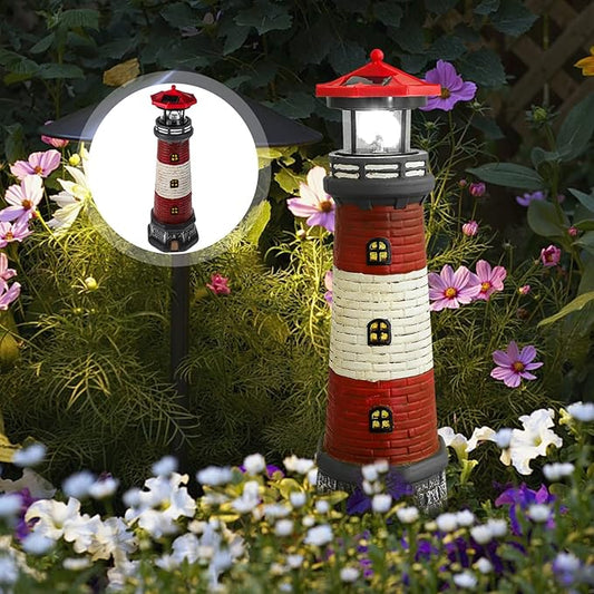 Solar Rotating Lighthouse Outdoor Lantern Garden Decor Resin Street Light - Red
