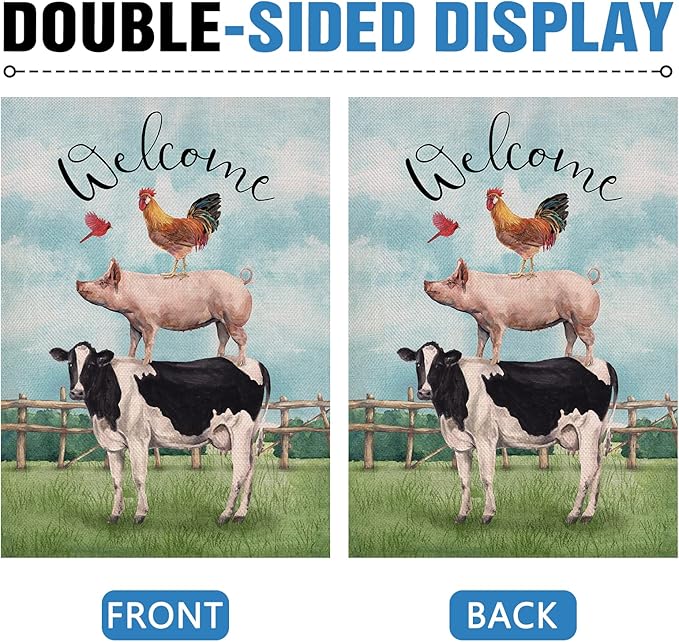 Dyrenson Welcome Summer Rooster Pig Cow Cardinal Farm Decorative House Flag, Country Yard Outside Decoration, Spring Farmhouse Outdoor Large Decor 28x40
