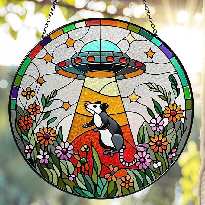 Opossum Wildflowers Sun Catcher Stained Glass Window Hanging for Women Funny Gifts for Window Hanging Handmade Sun Catcher Decoration for Garden Home, 7.87inch