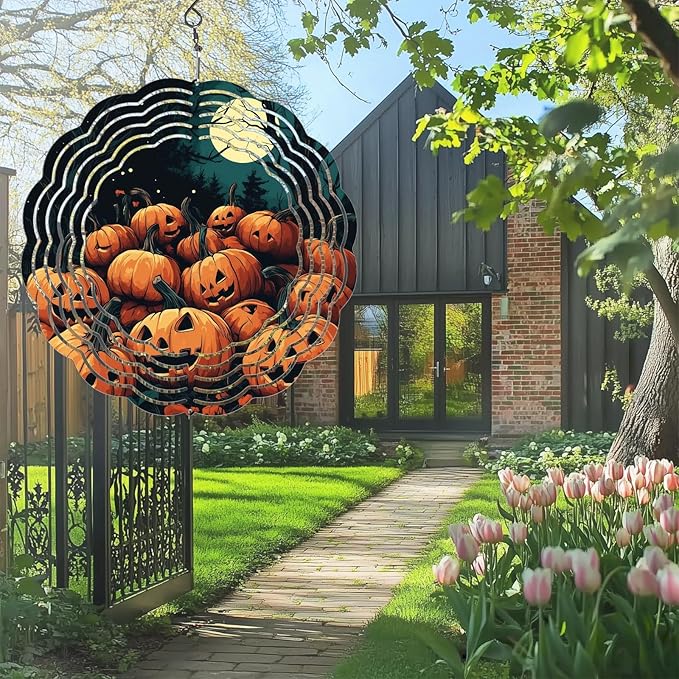Halloween Pumpkin Moon Wind Spinners Outdoor, Hanging Wind Spinner for Garden Decoration, 8 inch 3D Stainless Steel Metal Wind Sculpture for Indoor/Outdoor Decor