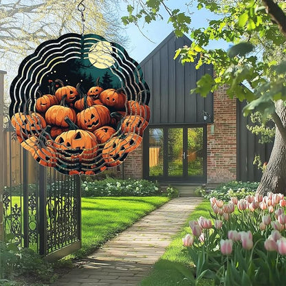 Halloween Pumpkin Moon Wind Spinners Outdoor, Hanging Wind Spinner for Garden Decoration, 8 inch 3D Stainless Steel Metal Wind Sculpture for Indoor/Outdoor Decor