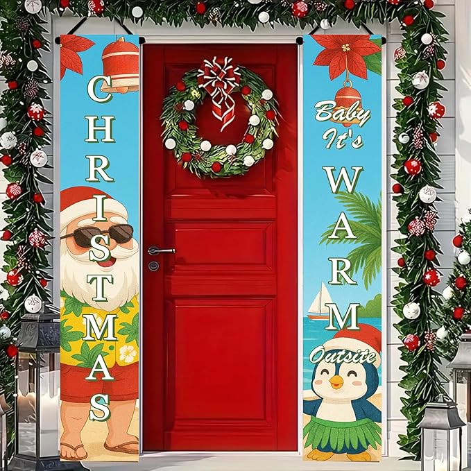 Tropical Christmas Porch Banner 12x71 Inch Beach Santa Penguin Christmas Door Banner Holiday Front Door Decor Outdoor Hanging Sign for Winter Christma Decorations Xmas Porch Sign for Front Door Outdoor Winter Home Decor