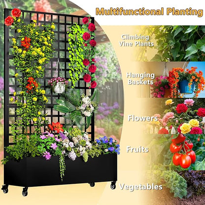 MTART Metal Planter Box with Trellis, 72.1"x47.2"x16" Galvanized Raised Garden Bed with Privacy Screen & Drainage Holes & Lockable Casters for Climbing Plants, Flower, Vegetable (Black-Grid)