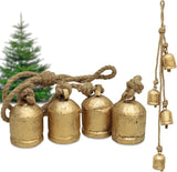 4 Small Rustic Vintage Cow Bells on Rope – Lucky Cow Bells Cluster, Handmade Metal Wall Hanging Décor for Home, Garden, Patio – Boho Farmhouse Bells on Rope Décor (Set of 4) (3 inch)