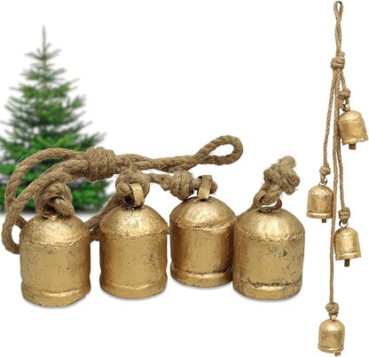 4 Small Rustic Vintage Cow Bells on Rope – Lucky Cow Bells Cluster, Handmade Metal Wall Hanging Décor for Home, Garden, Patio – Boho Farmhouse Bells on Rope Décor (Set of 4) (3 inch)