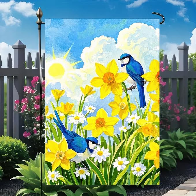 BlissYard Welcome Spring Garden Flag 12x18 Double Sided Bluebird Daffodils Seasonal Small Flags For Outside Outdoor Decor Yard Farmhouse Holiday Spring Summer Decorations Yard Flags