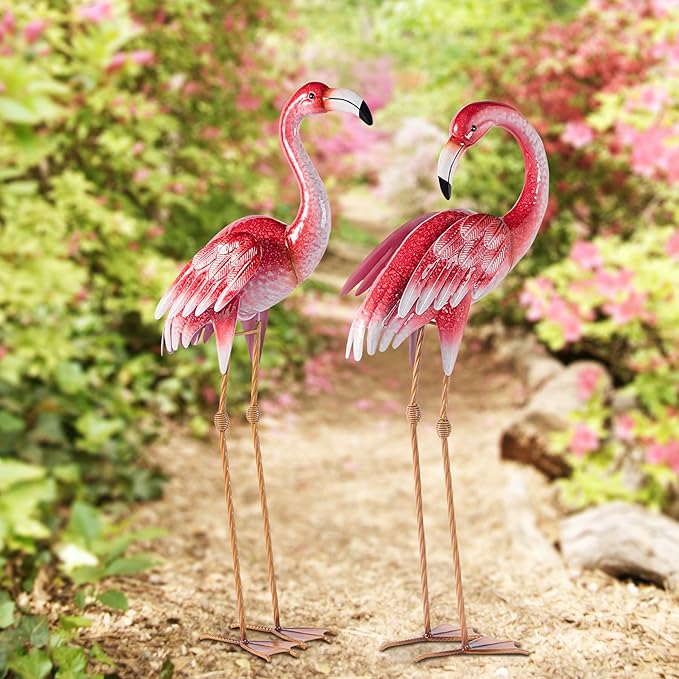 Natelf Pink Flamingo Yard Decorations, Metal Garden Statues and Sculptures, Standing Bird Lawn Ornaments for Patio Backyard Pond Decorations Set of 2