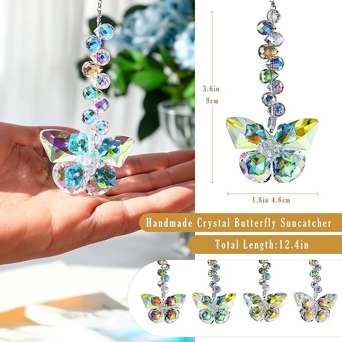 HDCRYSTALGIFTS 4pcs Crystal Butterfly Suncatchers for Window Hanging Rainbow Maker Sun Catchers Indoor Glass Butterfly Decoration for Spring Home Garden Decor, for Mom Women