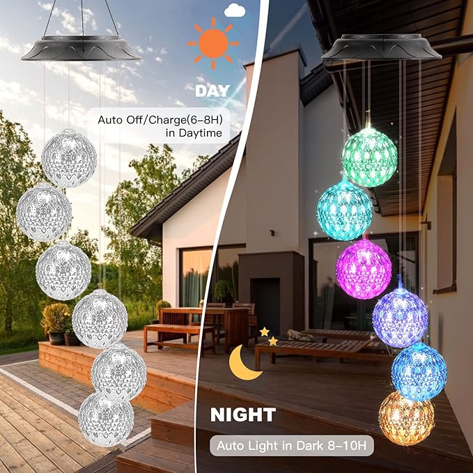 Gifts for Women, Mom Grandma Gifts for Mothers Day, Birthday Gardening Gifts for Women, Solar Lights Outdoor Decorative Solar Wind Chimes for Outside Silver Ball Garden Decor Yard Patio Porch