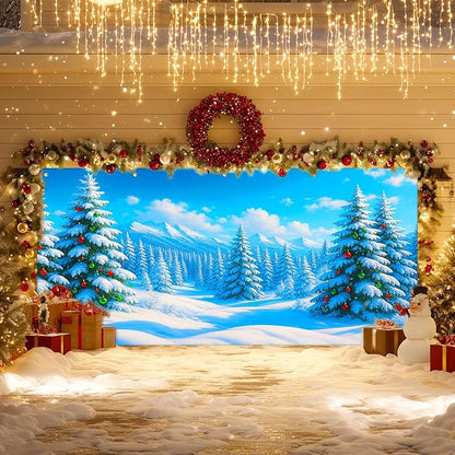 IVN Christmas Garage Door Cover Decoration 13x6ft Snow Covered Pine Trees Blue Mountain Forest Scene Merry Christmas Winter Garage Door Banner Home Door Front Yard Decor for Xmas Eve Holiday Outdoor