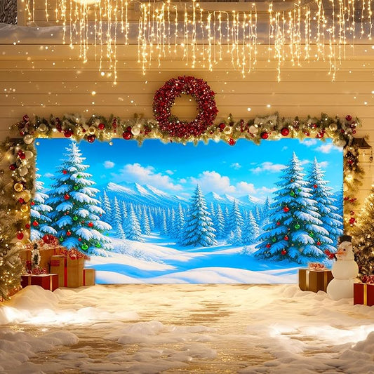IVN Christmas Garage Door Cover Decoration 13x6ft Snow Covered Pine Trees Blue Mountain Forest Scene Merry Christmas Winter Garage Door Banner Home Door Front Yard Decor for Xmas Eve Holiday Outdoor