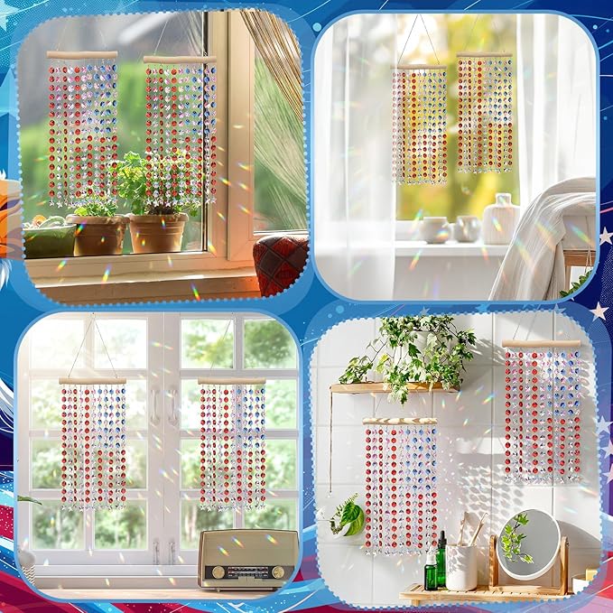Suncalla 2 Pcs 4th of July Crystal Suncatcher American Flag Wind Chime with Chain Patriotic Window Decor Red Blue and White USA Hanging Making Rainbow Prism for 250th Anniversary Garden Home Gift