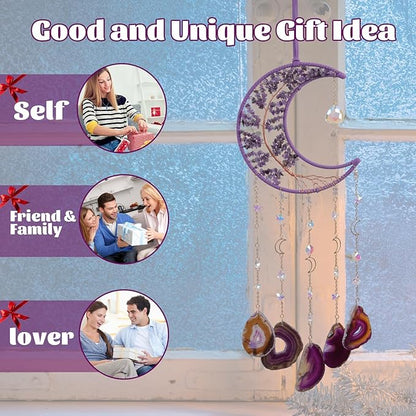 Amethyst Crystal Wind Chimes, Dreamocean Crystal Tree of Life Dream Catchers Moon Large Dream Catcher Wall Window Hangings Decor Gifts for Girls Adult Bedroom Home Decortion