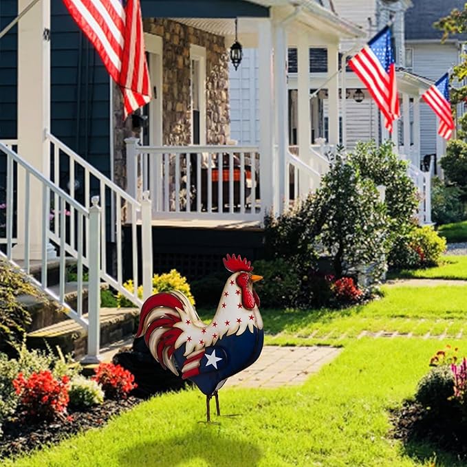 12 Inch Patriotic Metal Rooster Yard Decor 4th of July Outdoor Decorations 2D American Flag Red White and Blue Chicken Statue Iron Yard Sign for Garden Porch Independence Day Home Decor