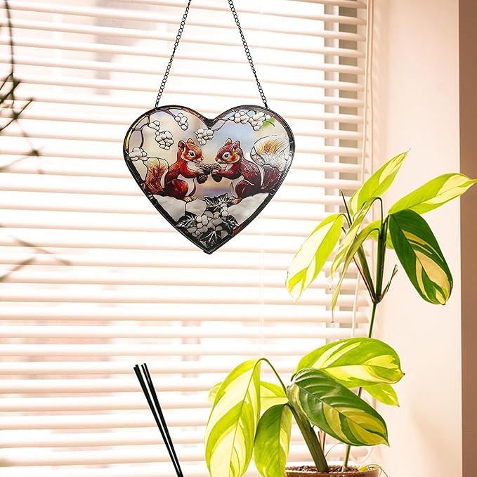 Squirrel Stained Glass Window Hanging, Suncatcher Glass Panel with Metal Chain, Heart Sun Catchers Indoor Window Decor for Home Garden, Housewarming Gift