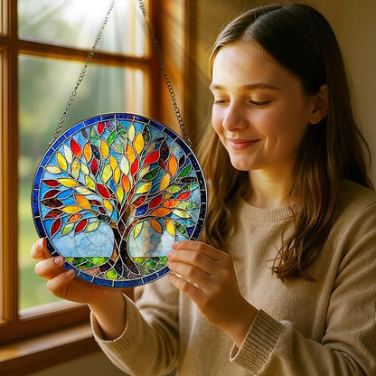8-Inch Stained Glass Ornament, Stained Glass Window Hanging, Suncatcher Window Hanging, Home Decor, Tree of Life Ornament | Mother's Day, Christmas, Birthday, Housewarming | Gifts for Mom & Friend