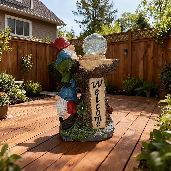 Solar Powered Garden Gnome Welcome Sign with LED Cracked Glass Ball, Outdoor Statue Decor for Patio Yard Lawn Walkway, for Mom Grandma (Red)