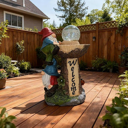 Solar Powered Garden Gnome Welcome Sign with LED Cracked Glass Ball, Outdoor Statue Decor for Patio Yard Lawn Walkway, for Mom Grandma (Red)