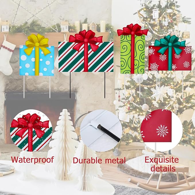 Afirst Christmas Yard Stakes Gift Box Christmas Yard Decorations Detachable 4 Stacked Gifts Box Metal Garden Stakes Outdoor Xmas Stake Lawn Pathway Outdoor Decoration