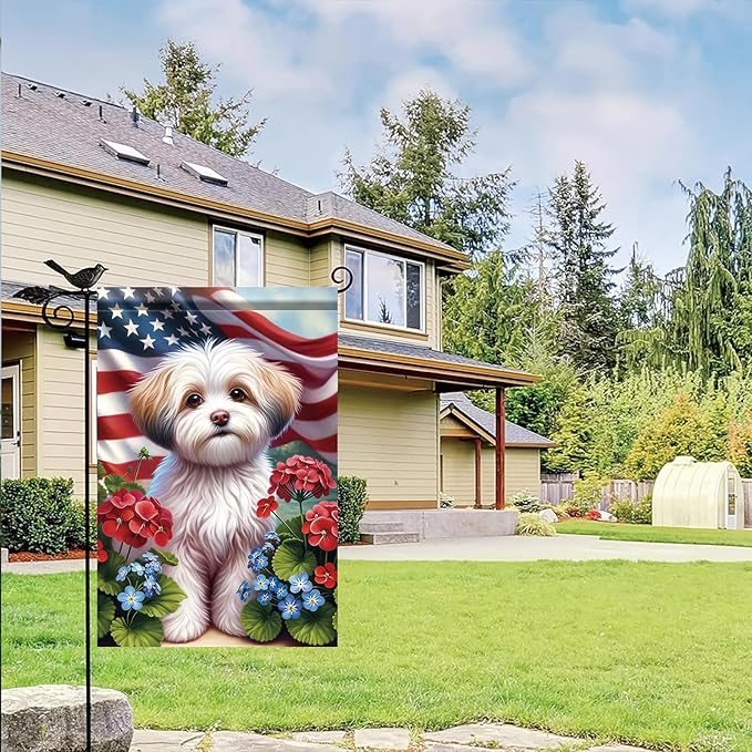 Starlit Patio 4th of July Garden Flag 12x18 Double Sided Maltese Dog Welcome American USA Patriotic Garden Flags for Memorial Day Independence Day Outdoor Decor Outside Decoration Yard Flag