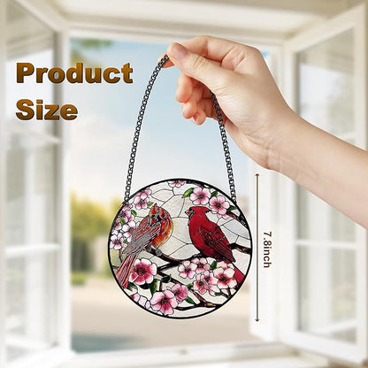 Stained Glass Window Hanging, Cardinal Sun Catchers Glass Panel Red Suncatcher Decor for Wife, Women, Men, Birthday, Aunt, Mom, Lovers, Home Garden 7.8 in