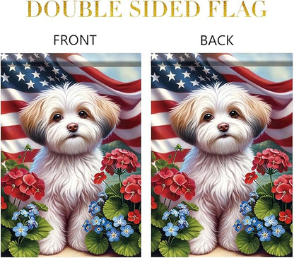 Starlit Patio 4th of July Garden Flag 12x18 Double Sided Maltese Dog Welcome American USA Patriotic Garden Flags for Memorial Day Independence Day Outdoor Decor Outside Decoration Yard Flag