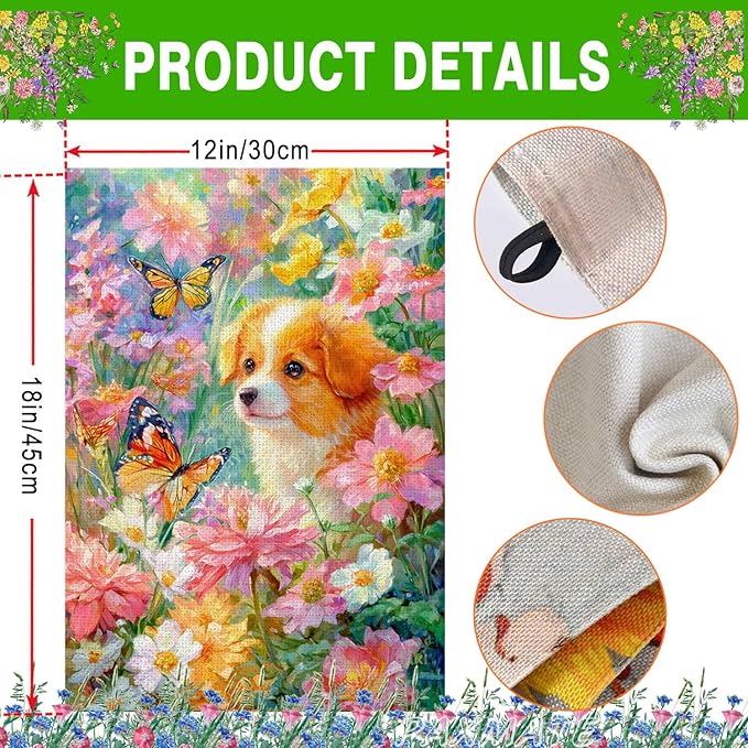Spring Summer Welcome Garden Flag 12x18 Inch Double Sided Dog Floral Butterfly Burlap Small Yard Flag Seasonal Farmhouse Outside Outdoor Decoration