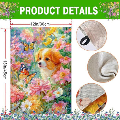 Spring Summer Welcome Garden Flag 12x18 Inch Double Sided Dog Floral Butterfly Burlap Small Yard Flag Seasonal Farmhouse Outside Outdoor Decoration