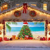 IVN Merry Christmas Garage Door Banner 13x6ft Festive Backdrop with Beach Christmas Tree Garage door cover Photo Prop Background for Joyful Holiday Yard Door Cover Background Outdoor Winter Scene
