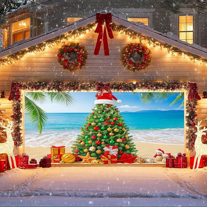 IVN Merry Christmas Garage Door Banner 13x6ft Festive Backdrop with Beach Christmas Tree Garage door cover Photo Prop Background for Joyful Holiday Yard Door Cover Background Outdoor Winter Scene