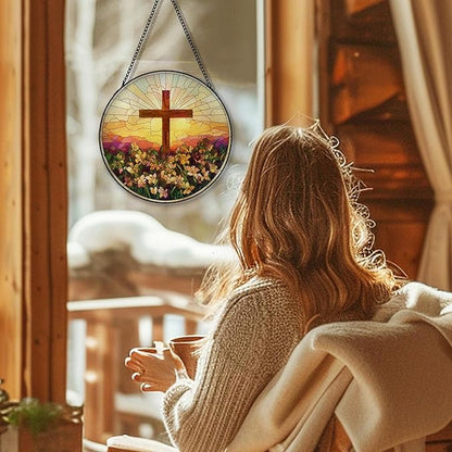 Cross Flower Suncatcher Stained Glass Window Hanging, Wildflower Cross Sun Catchers Indoor Window Glass Round Wall Decor, Religious Wall Art Hanging Decorations, 7.8＂x7.8＂