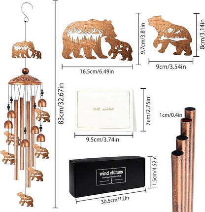 Bear Wind Chimes for Outside, Bear Gifts for Men Women Nature Lovers Metal Windchimes Outdoors, Mountain Forest Wildlife Design Home Garden Patio Yard Decor