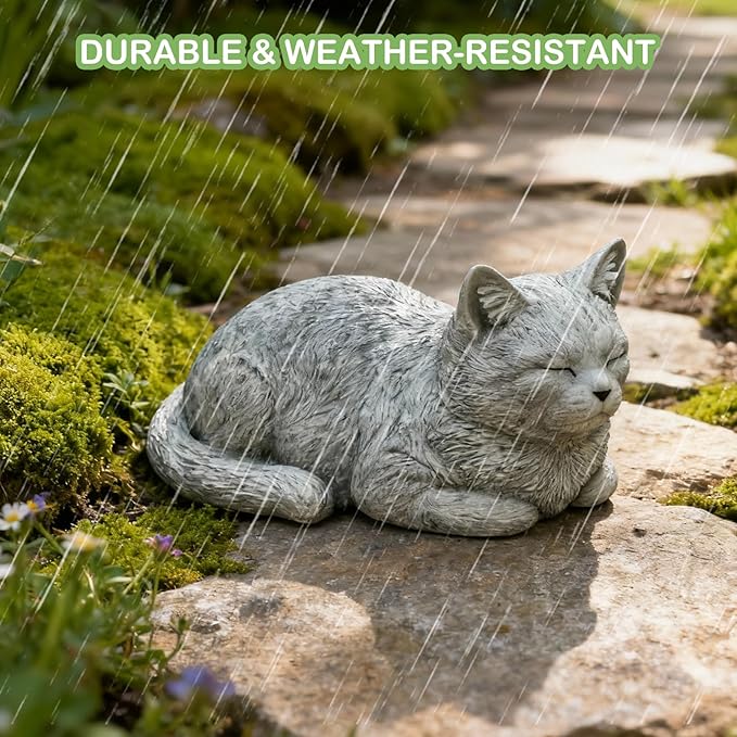 6 Inch Cat Garden Statues - Outdoor Decor for Patio Yard Art, Sleeping Cat Gifts for Women - Durable Grey Resin