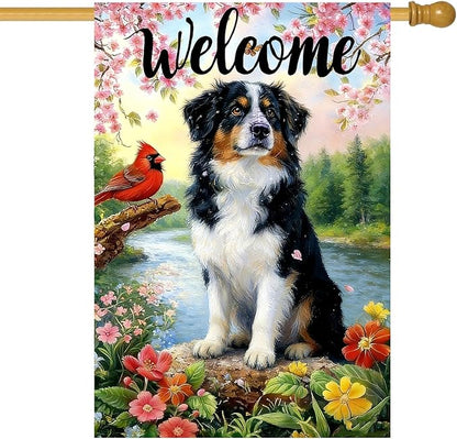 Large Spring Summer House Flags 28 x 40 Double Sided, Burlap Australian Shepherd Dog Flowers Spring Summer Flags for Outside, Seasonal Farmhouse Outdoor Yard Décor