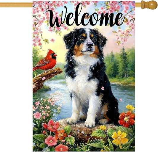 Large Spring Summer House Flags 28 x 40 Double Sided, Burlap Australian Shepherd Dog Flowers Spring Summer Flags for Outside, Seasonal Farmhouse Outdoor Yard Décor