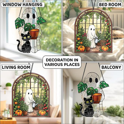 2 Cute Halloween Suncatcher Decorations, 6" Spooky Cute Ghost Plant Window Hangings, Ghost with Black Cat Greenhouse, Pumpkin Ornaments Home Garden, Gifts for Plant Lovers, Women