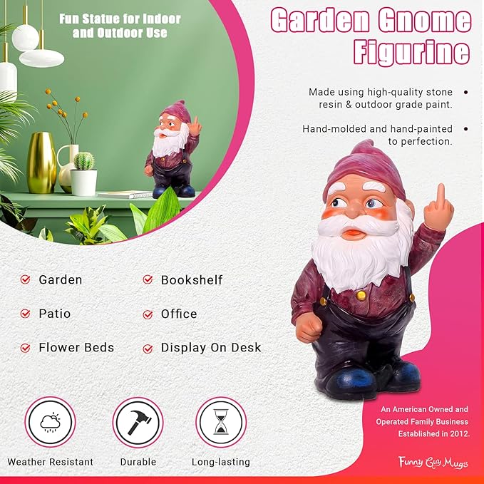 Funny Guy Mugs Middle Finger Indoor/Outdoor Gnome for Patio, Yard or Lawn - Funny Garden Gnome - Naughty Gnomes