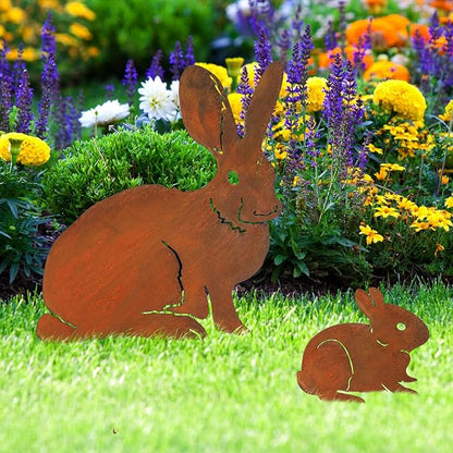 CroBlissful 2 Pack Mama and Baby Bunny Garden Stake, Metal Realistic Long Ear Rabbit Animal Stake Pack Decorative Garden Stakes Yard Art Flowerbed Outdoor Decoration, Rust