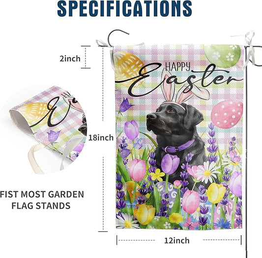 Happy Easter Labrador Dog Garden Flag Black Lab Spring Flags Buffalo Plaid Bunny Eggs Yard Flag for Outside 12x18 Double Sided Small Decorative Floral Outdoor Flag