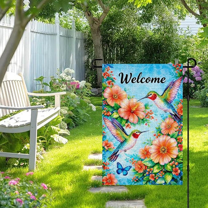 IVN Hummingbird Garden Flag 12x18 Inch – Welcome Floral Outdoor Flag, Double Sided Burlap Spring Summer Yard Flag for Porch Lawn Patio Decor