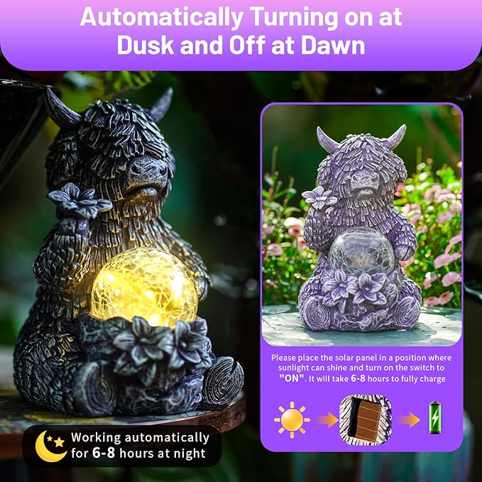 Gray Highland Cow Garden Statue with Solar Crackle Globe Light - Whimsical Resin Figurine for Outdoor Patio, Lawn, Yard Decor, Unique Birthday & Housewarming Gift for Women, Mom, Friends