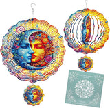 Sun and Moon Wind Spinner Outdoor, Celestial Gift for Mom and Women, Hanging Metal Wind Catcher with 3" Center Pendant, 12" 3D Stainless Steel Kinetic Art for Garden Yard