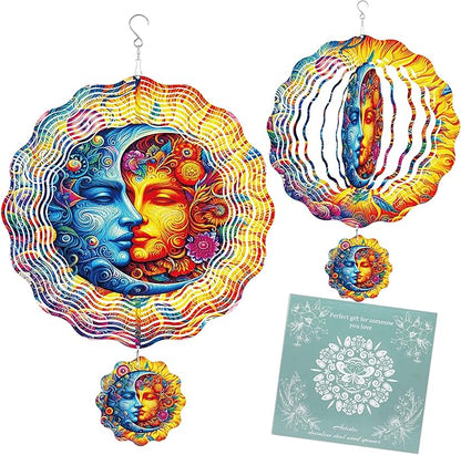Sun and Moon Wind Spinner Outdoor, Celestial Gift for Mom and Women, Hanging Metal Wind Catcher with 3" Center Pendant, 12" 3D Stainless Steel Kinetic Art for Garden Yard